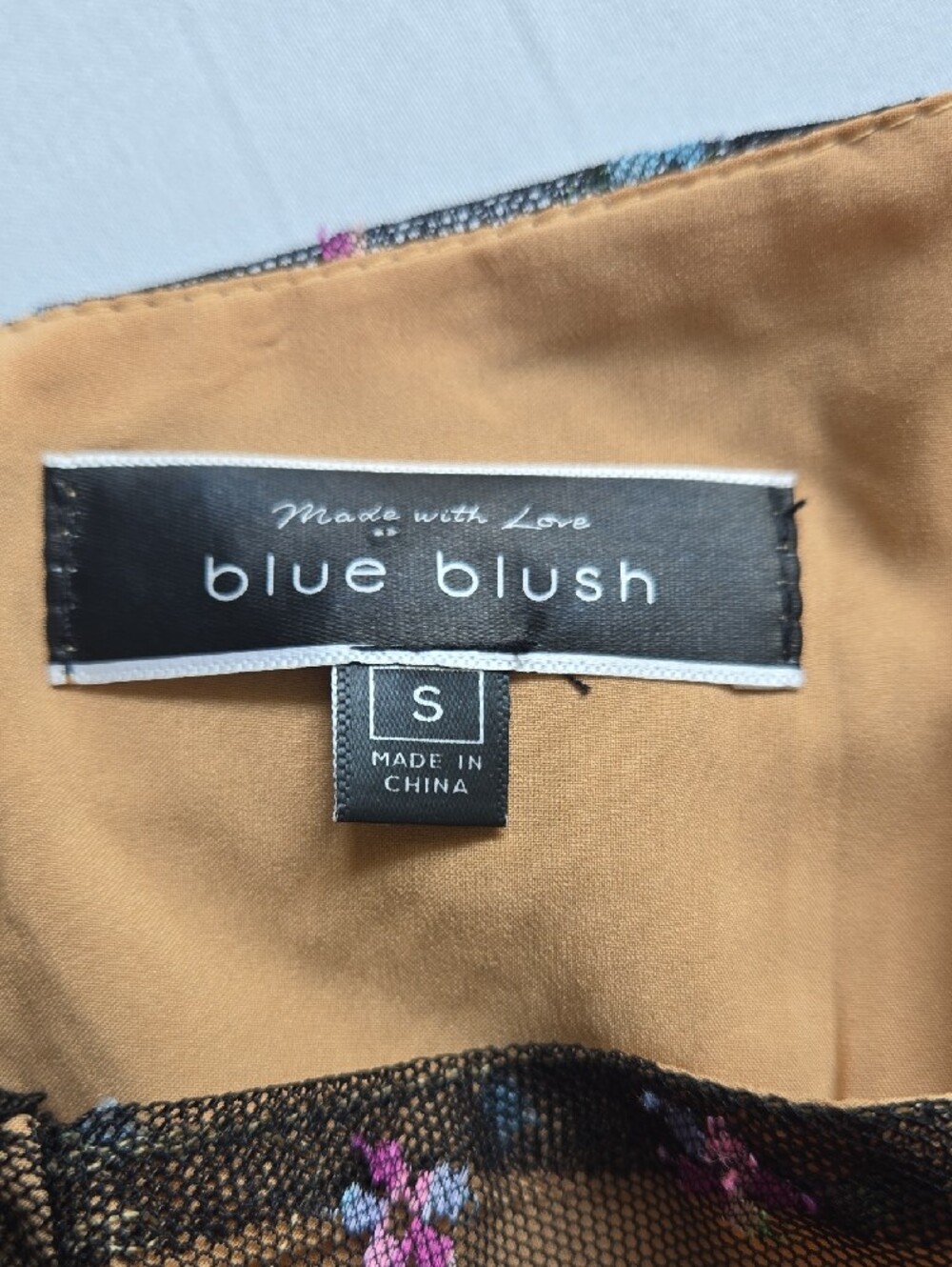 Blue Blush Black Sheer Ruched Mini Dress with Pink & Blue Floral Embroidery - Picture 3 of 7